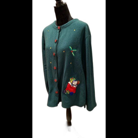 Vintage Fleece Green Jacket Unique Gift Buttons Appliqué Christmas Scene Sz 2X - Picture 2 of 10